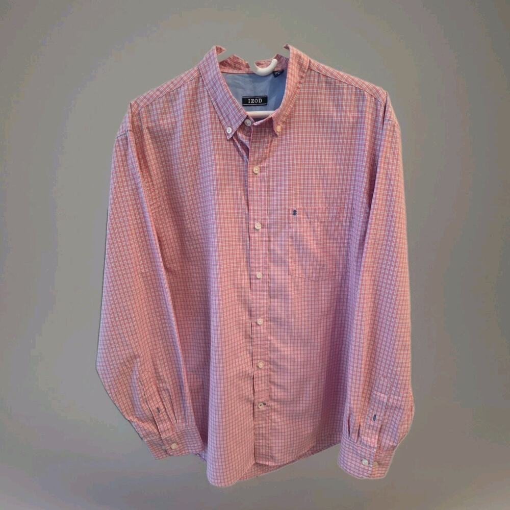 IZOD Pink Blue Plaid Long Sleeve Button Down Premium Essentials Dress Shirt Sz M